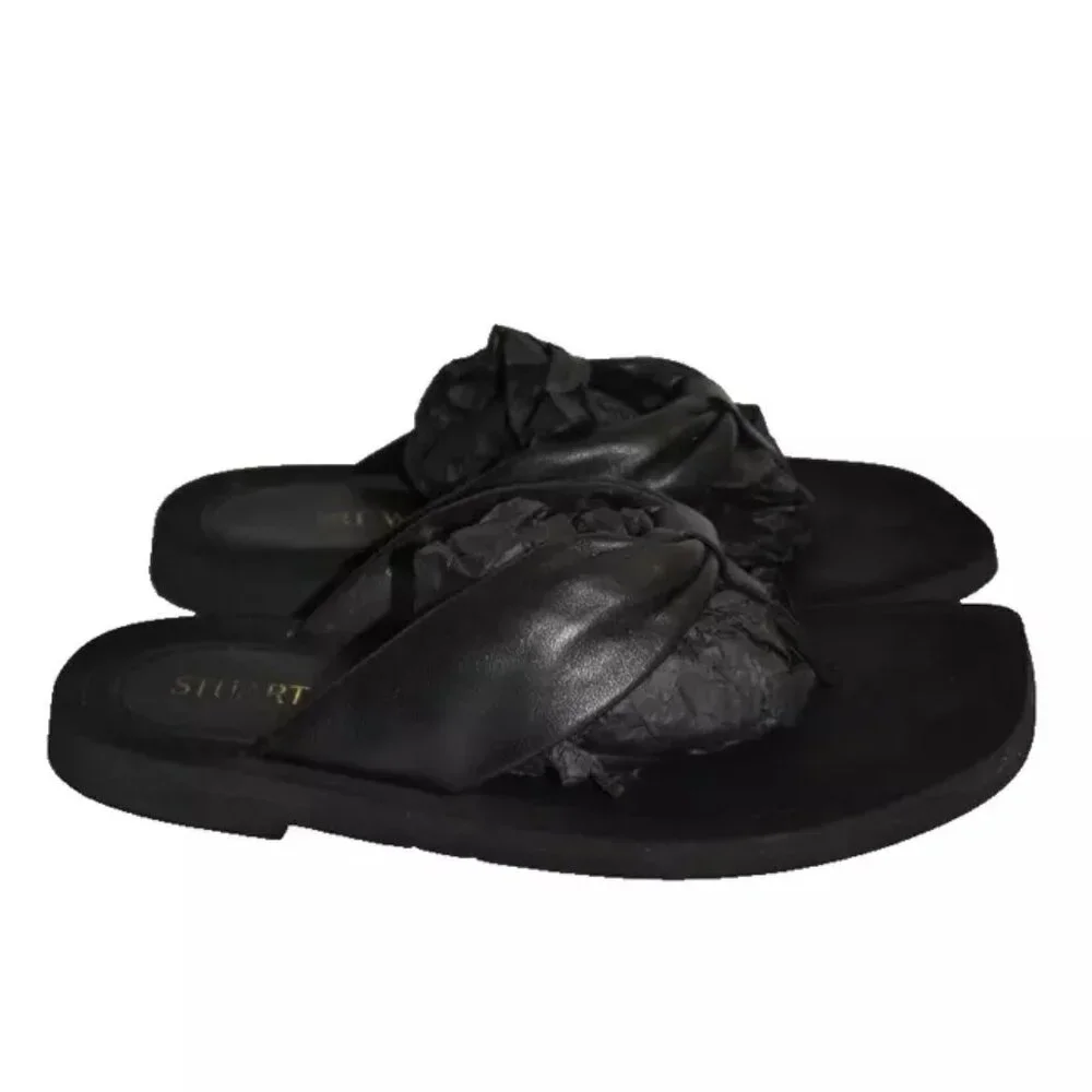 $280 Stuart Weitzman Cassie RICH Leather Thong Sandals SLIDE black 7 (DC2)